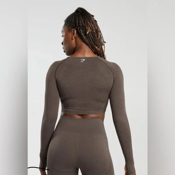 NWT Gymshark VITAL SEAMLESS 2.0 LONG SLEEVE CROP TOP-Brown - Picture 2 of 10